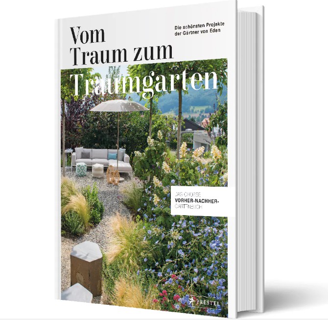 Traumgartenbuch GvE Schwarzweiße Buchcovergestaltung mit Text „Vom Traum zum Traumgarten“ und farbenfrohem grünen Garten mit Blumenbeeten und Gewächshausmotiv.